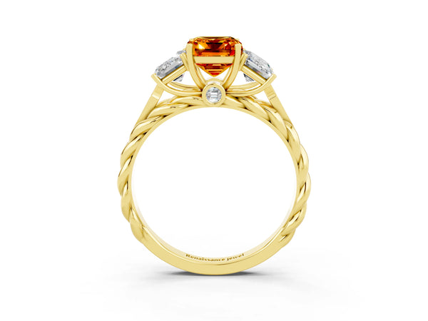 Yellow gold Three-Stone Emerald Cut Citrine Braided Band Ring with Four-Prong Setting