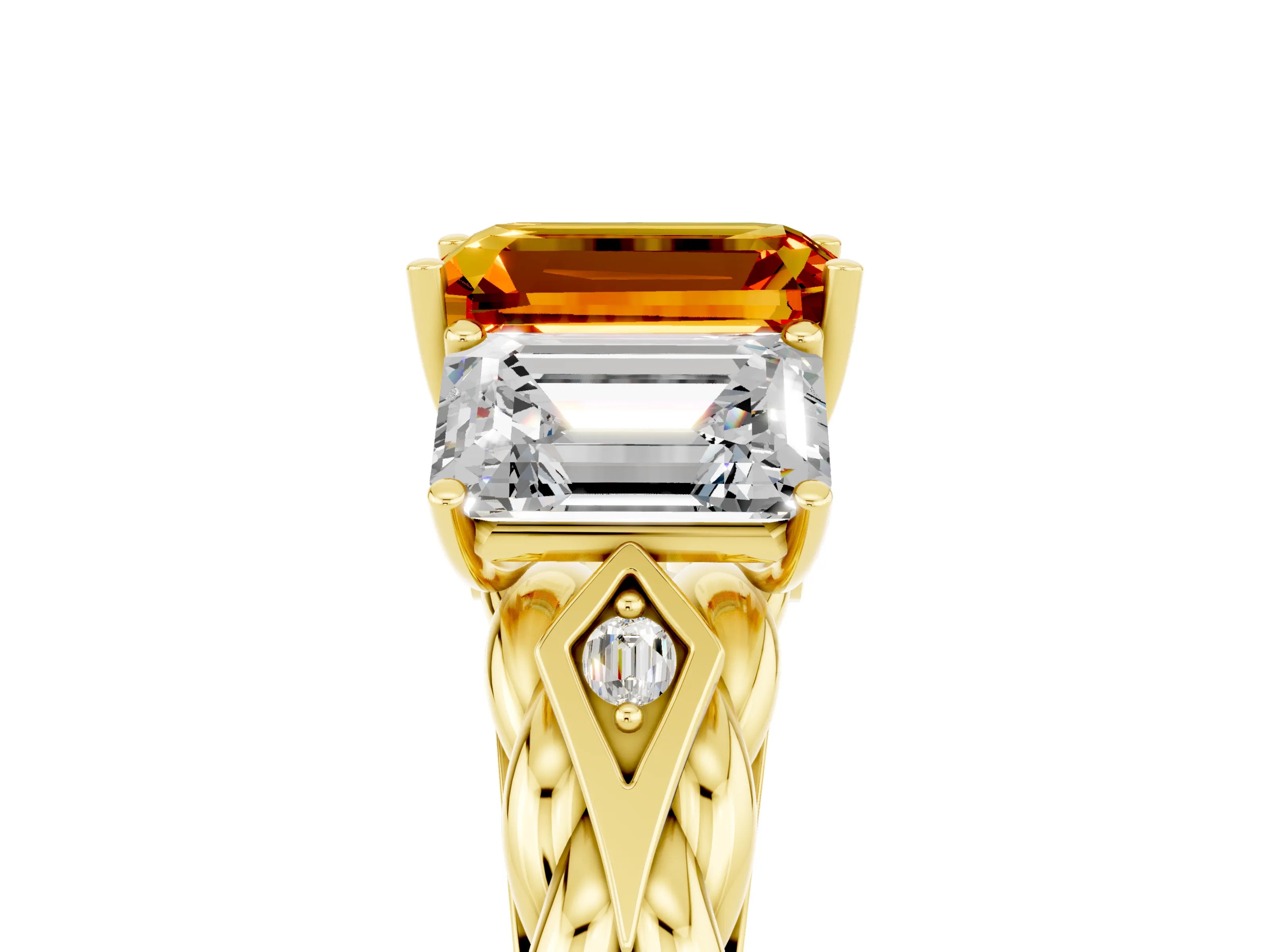 Yellow gold Three-Stone Emerald Cut Citrine Braided Band Ring with Four-Prong Setting_41