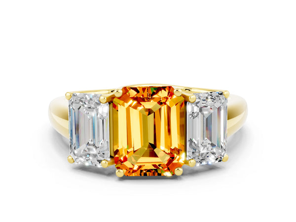 Yellow gold Three-Stone Emerald Cut Citrine Engagement Ring with Prong Setting