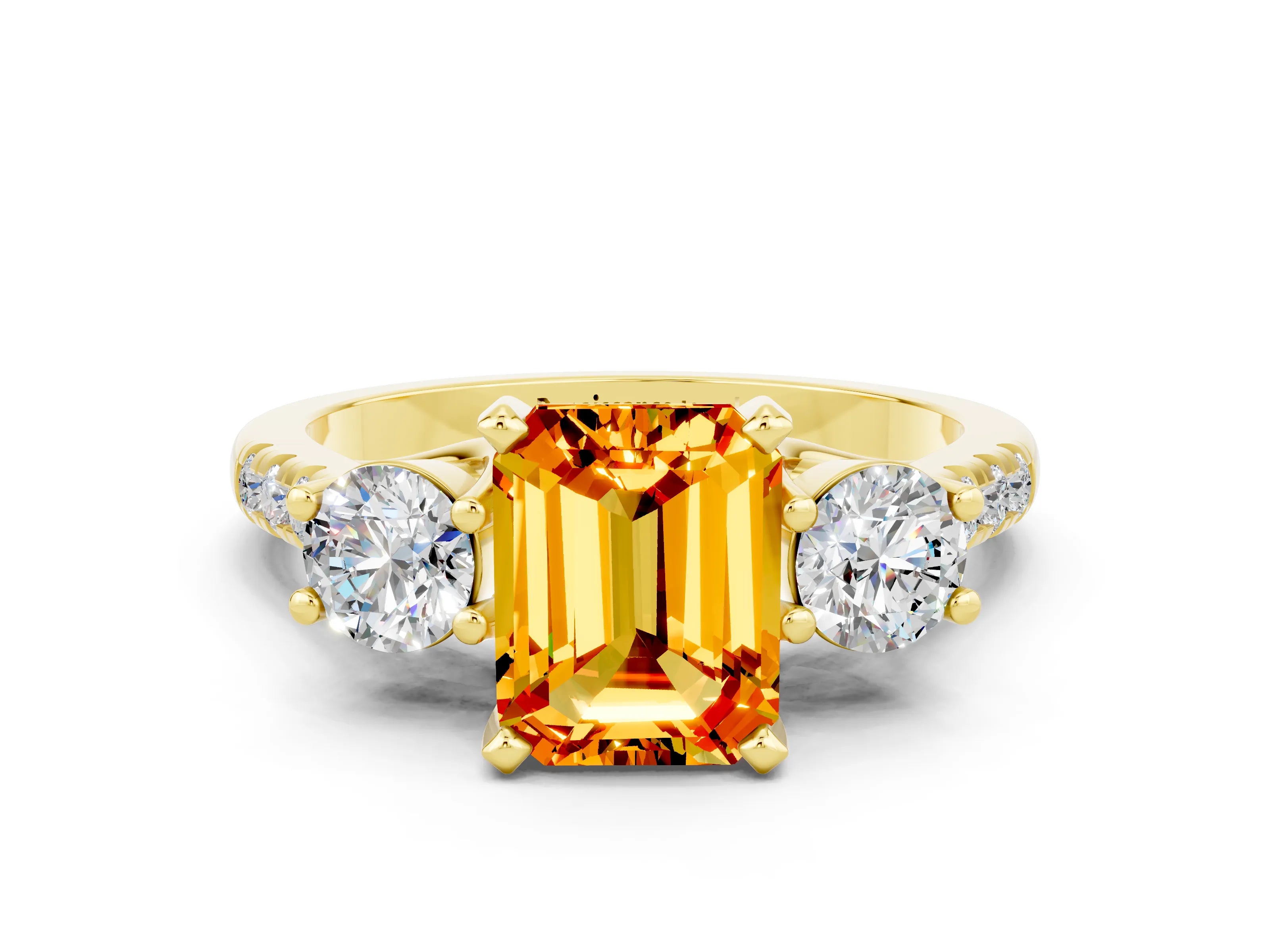 Yellow gold Three-Stone Emerald Cut Citrine Pavé Band with Four-Prong Setting