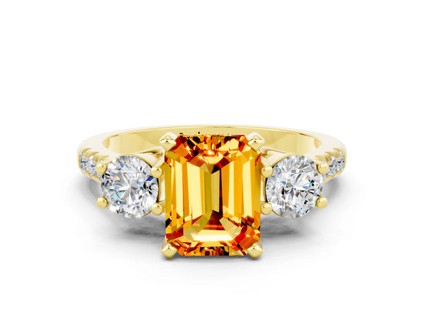 Yellow gold Three-Stone Emerald Cut Citrine Pavé Band with Four-Prong Setting