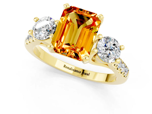 Yellow gold Three-Stone Emerald Cut Citrine Pavé Band with Four-Prong Setting