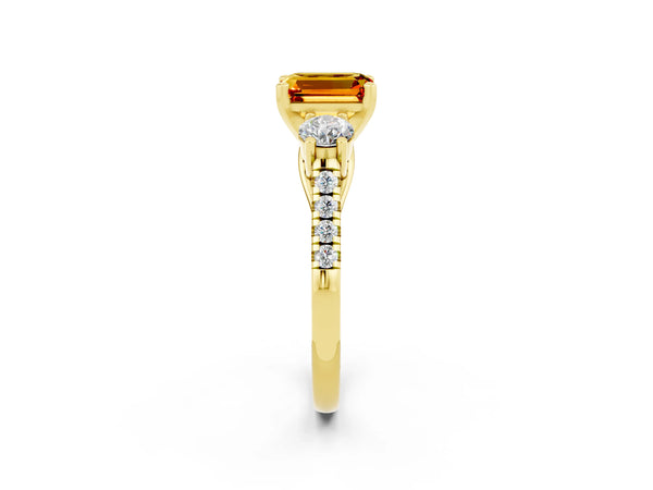 Yellow gold Three-Stone Emerald Cut Citrine Pavé Band with Four-Prong Setting