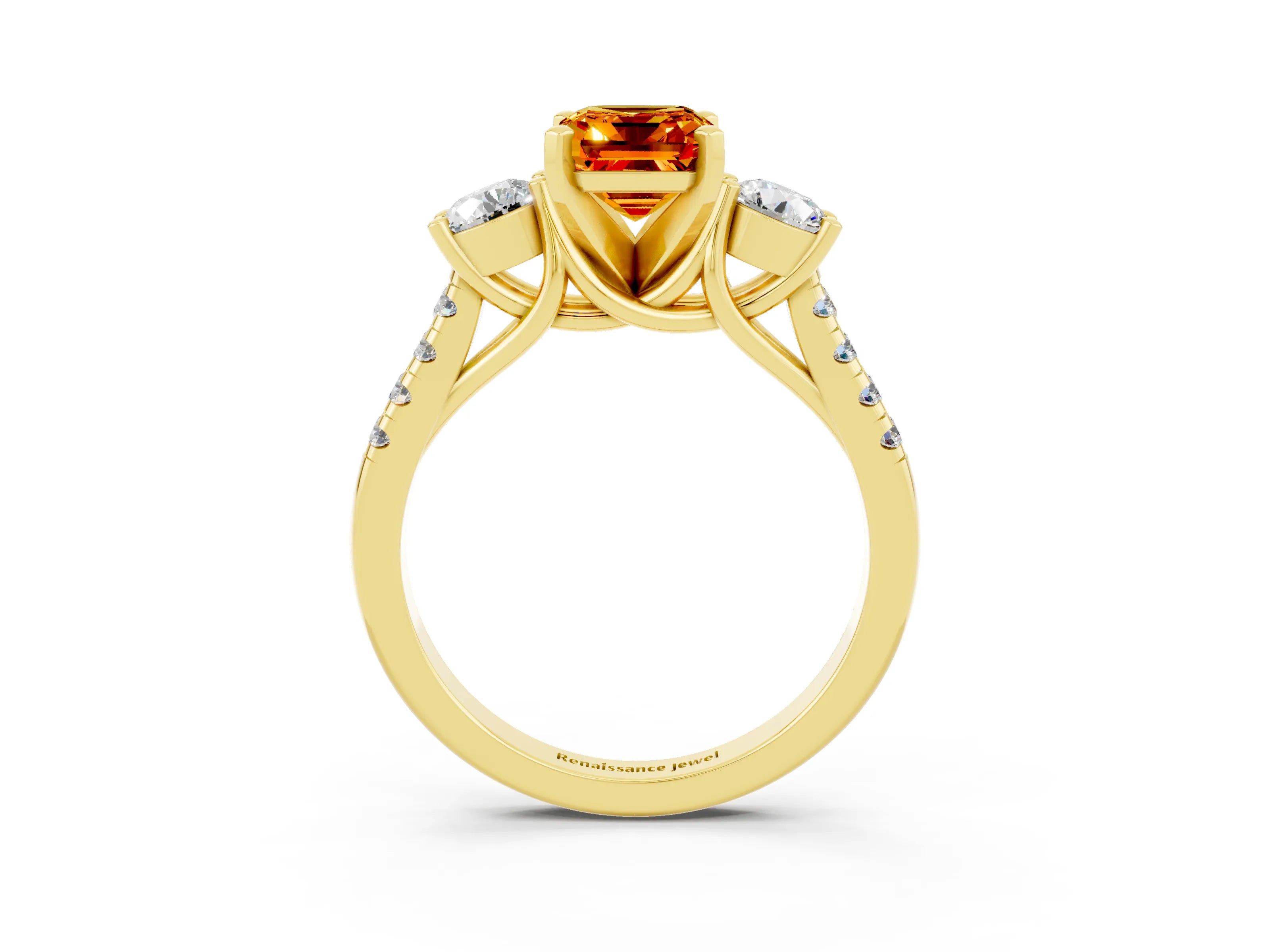 Yellow gold Three-Stone Emerald Cut Citrine Pavé Band with Four-Prong Setting_3