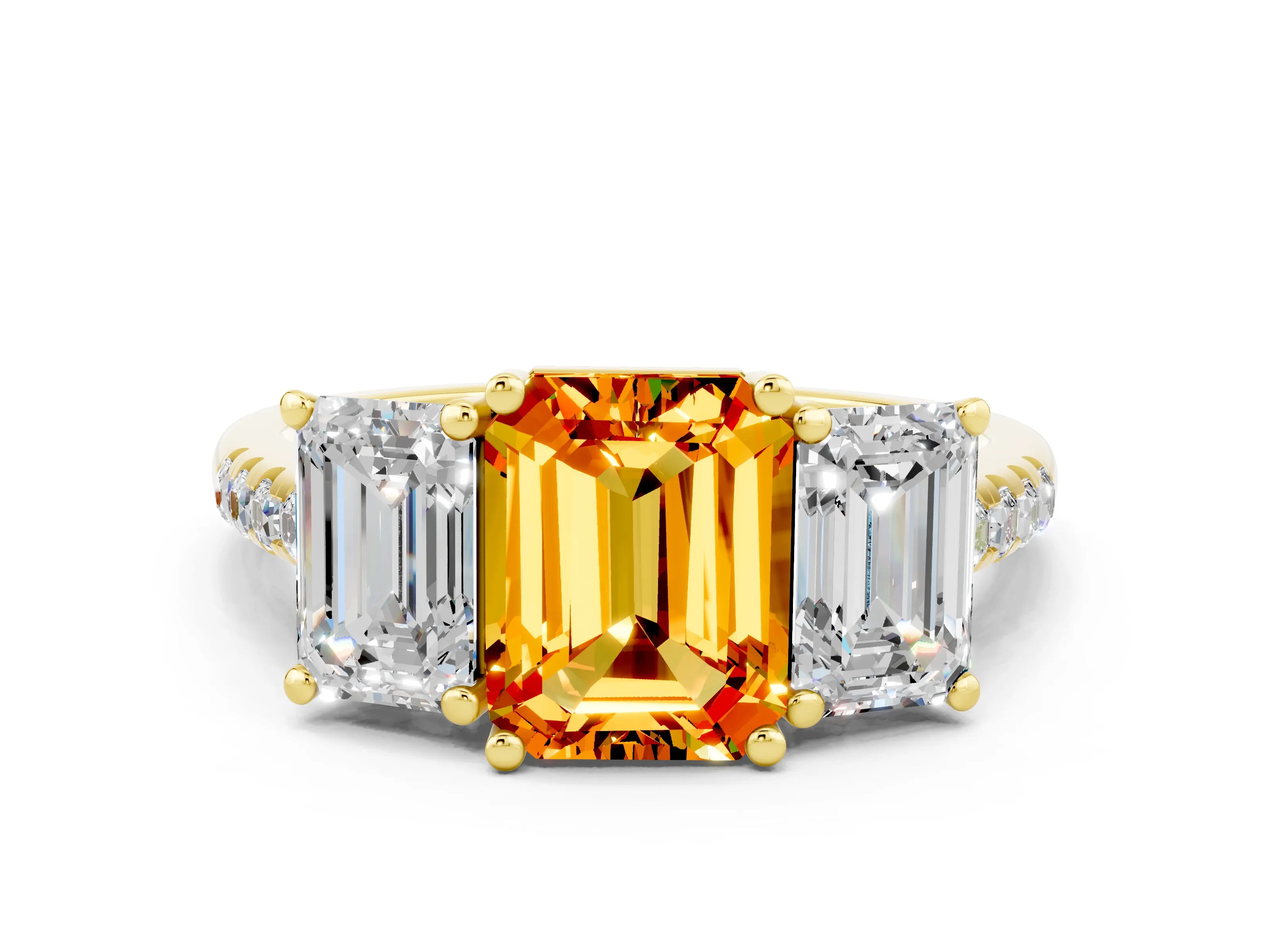 Yellow gold Three-Stone Emerald Cut Citrine Ring with Pavé Band and Prong Setting_12
