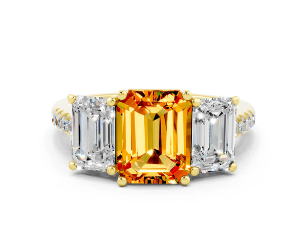 Yellow gold Three-Stone Emerald Cut Citrine Ring with Round  Pavé Band and Prong Setting