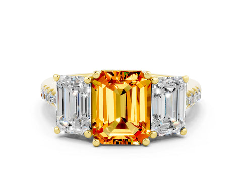 Yellow gold Three-Stone Emerald Cut Citrine Ring with Pavé Band and Prong Setting_12