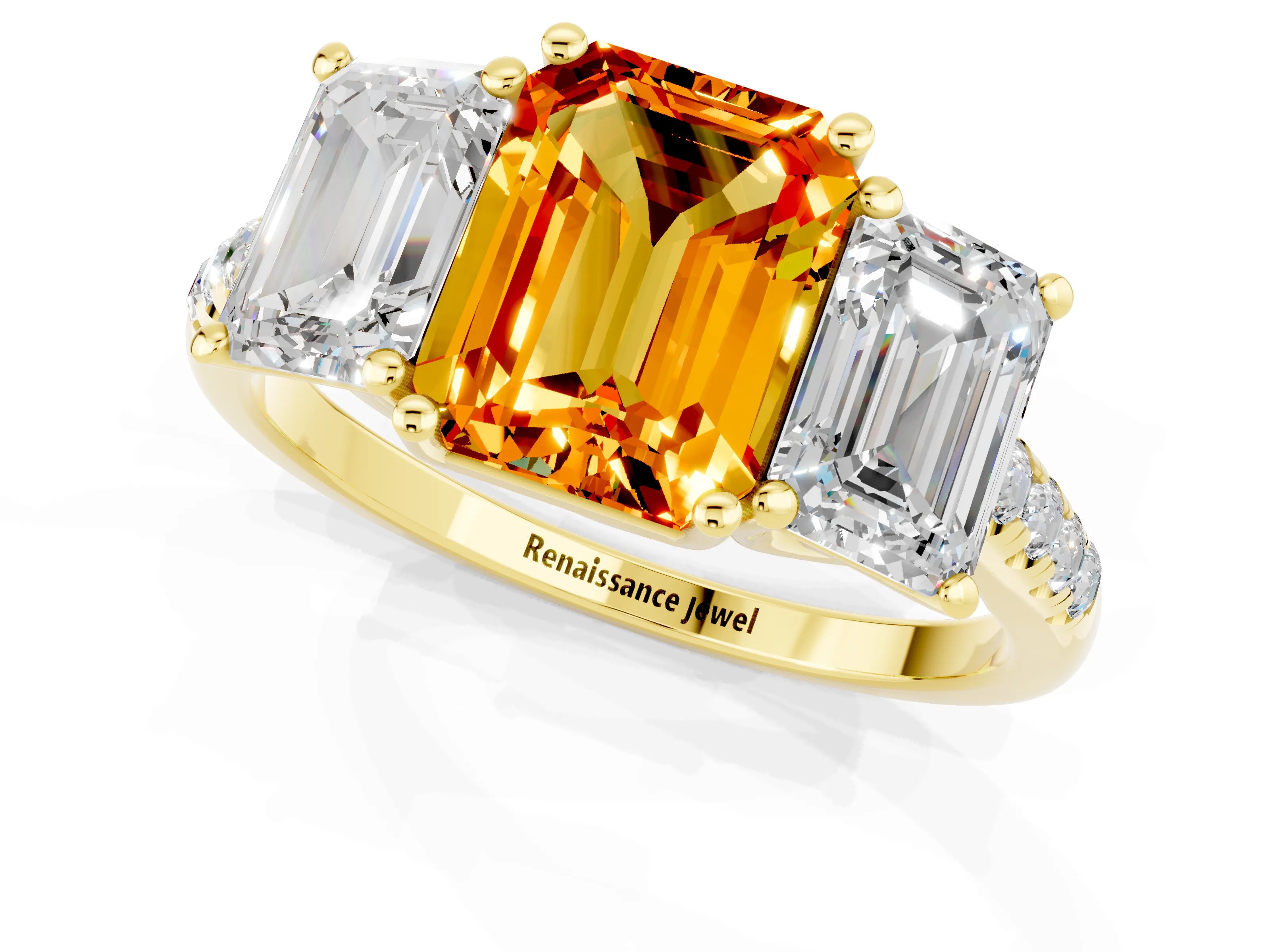Yellow gold Three-Stone Emerald Cut Citrine Ring with Pavé Band and Prong Setting_13