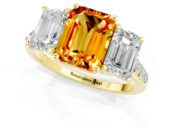 Yellow gold Three-Stone Emerald Cut Citrine Ring with Round  Pavé Band and Prong Setting
