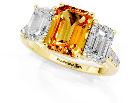 Yellow gold Three-Stone Emerald Cut Citrine Ring with Pavé Band and Prong Setting_13