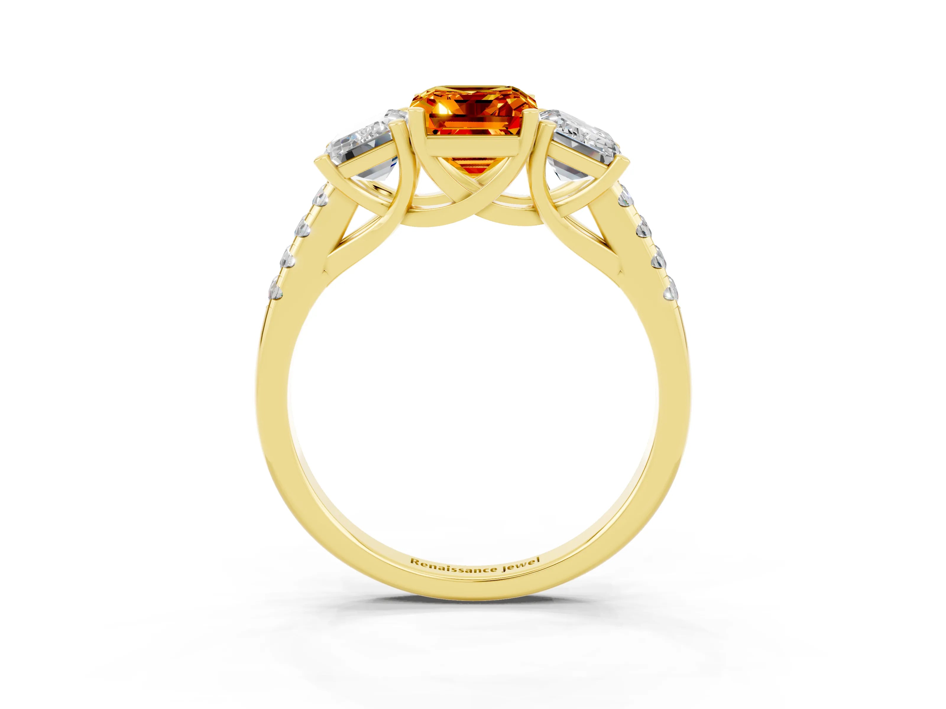 Yellow gold Three-Stone Emerald Cut Citrine Ring with Pavé Band and Prong Setting_15