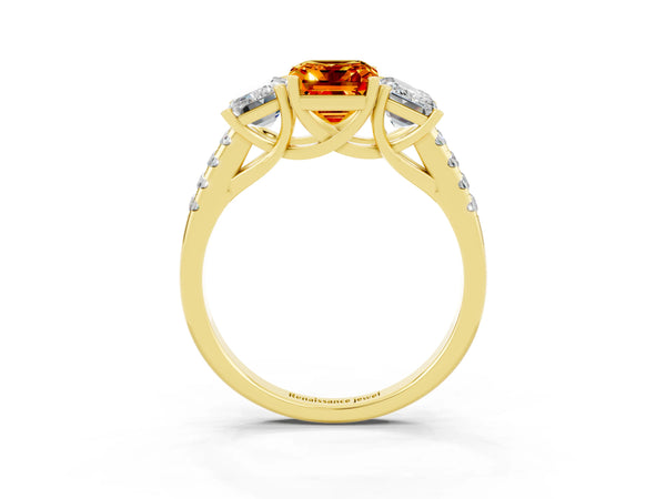 Yellow gold Three-Stone Emerald Cut Citrine Ring with Round  Pavé Band and Prong Setting