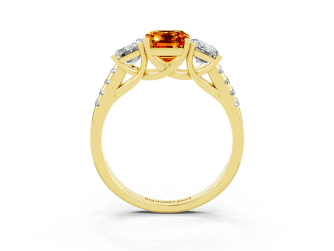 Yellow gold Three-Stone Emerald Cut Citrine Ring with Pavé Band and Prong Setting_15