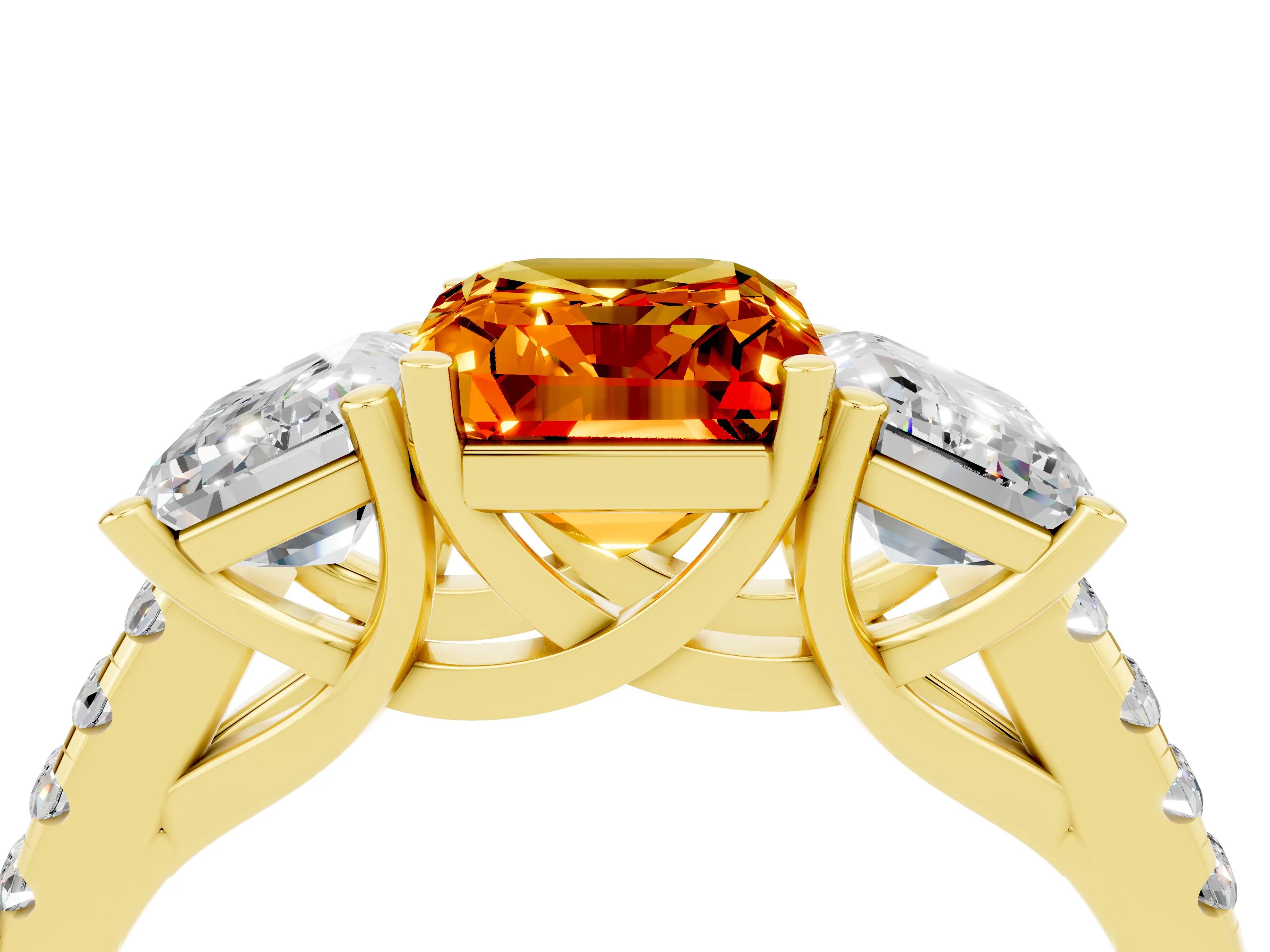 Yellow gold Three-Stone Emerald Cut Citrine Ring with Pavé Band and Prong Setting_16