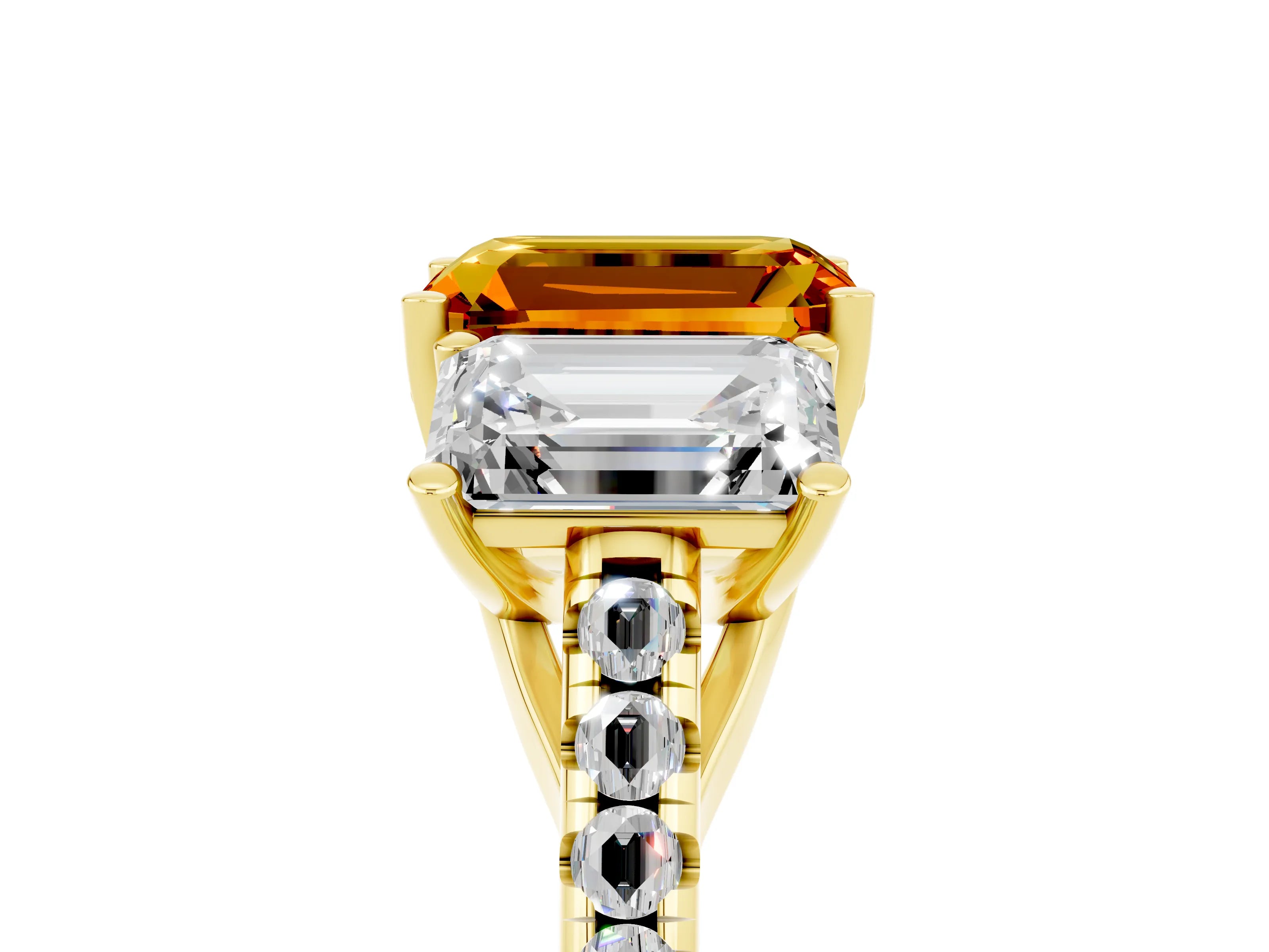 Yellow gold Three-Stone Emerald Cut Citrine Ring with Pavé Band and Prong Setting_17