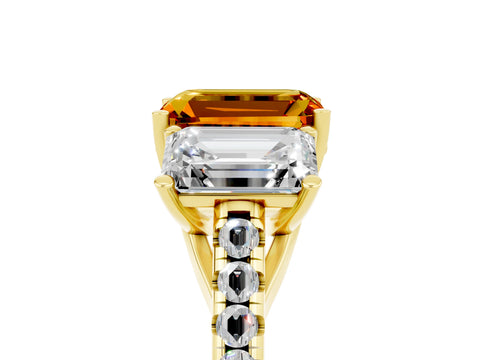 Yellow gold Three-Stone Emerald Cut Citrine Ring with Pavé Band and Prong Setting_17