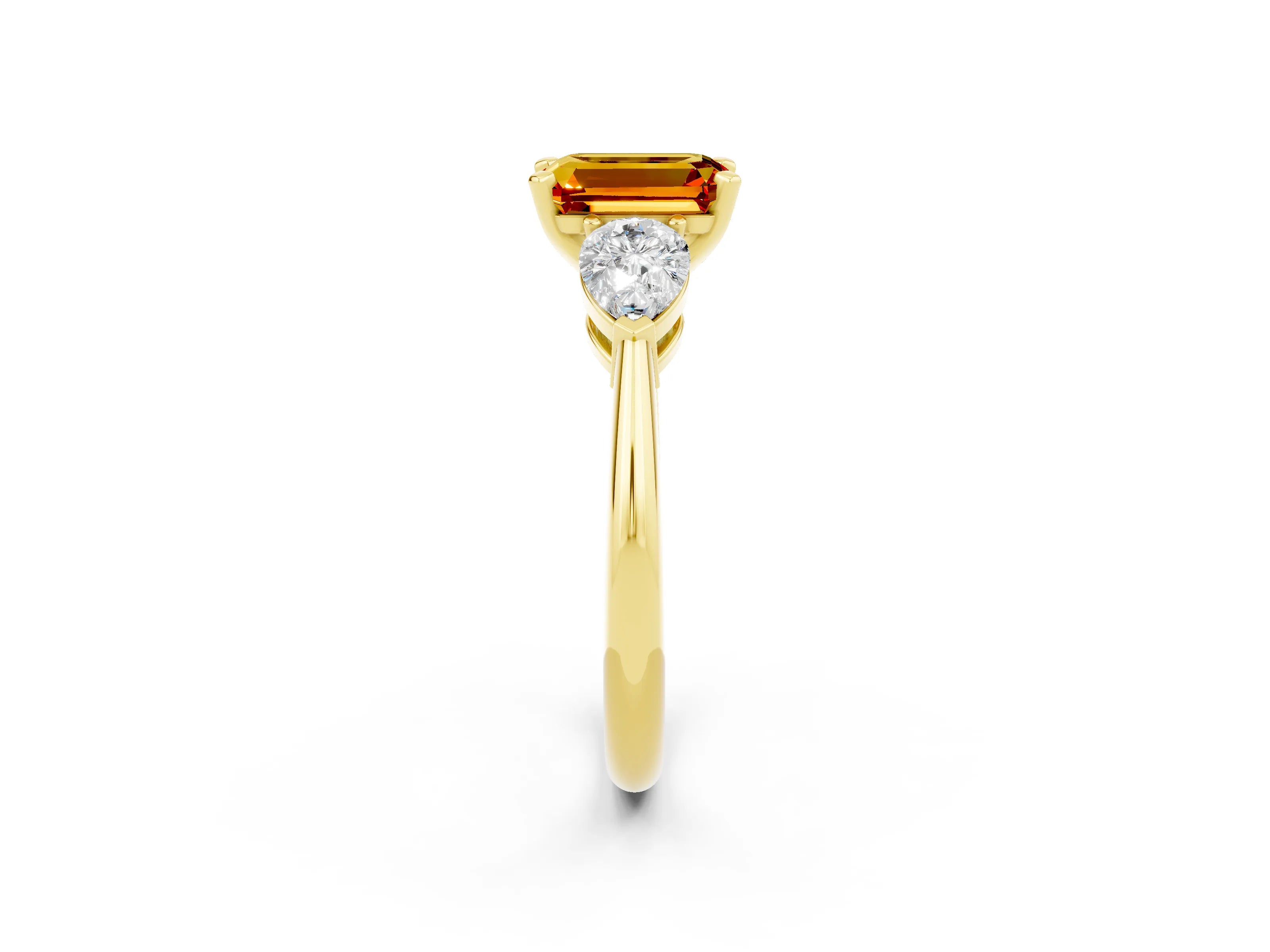 Yellow gold Three-Stone Emerald Cut Citrine Ring with Pear Side Stones and Four-Prong Setting_2