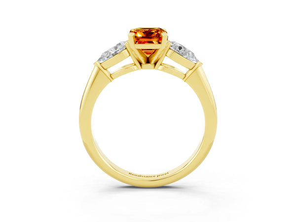 Yellow gold Three-Stone Emerald Cut Citrine Ring with Pear Side Stones and Four-Prong Setting