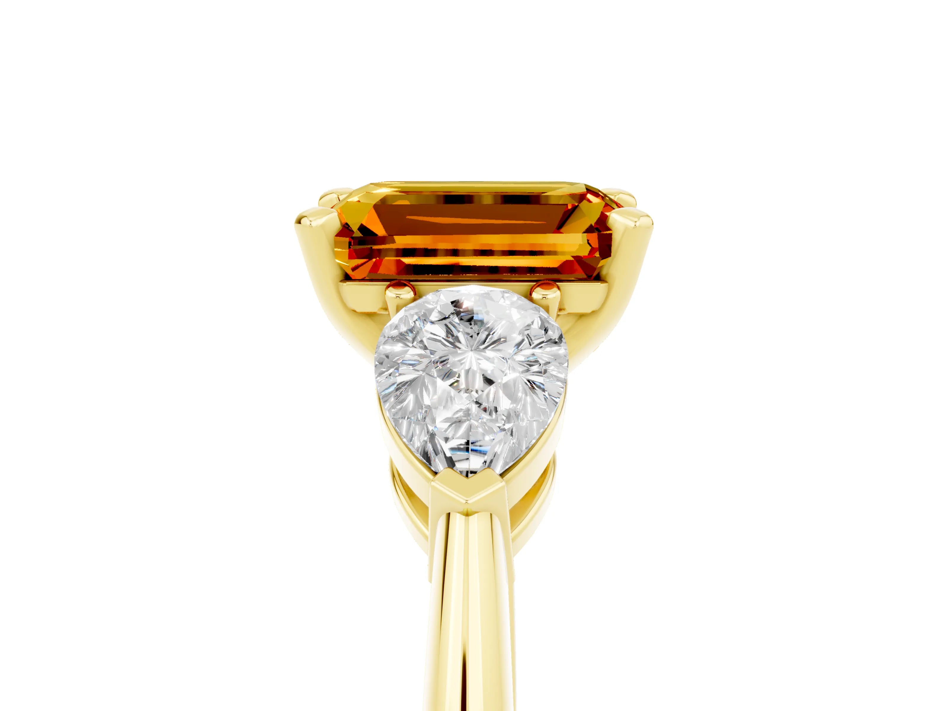 Yellow gold Three-Stone Emerald Cut Citrine Ring with Pear Side Stones and Four-Prong Setting_5