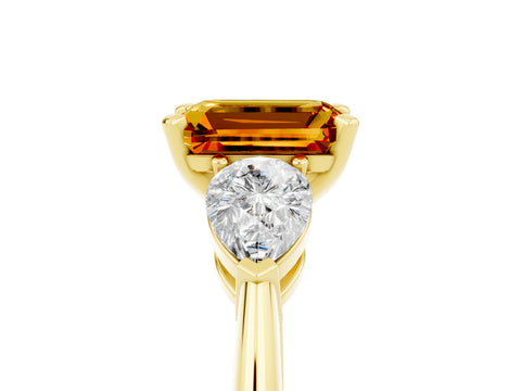Yellow gold Three-Stone Emerald Cut Citrine Ring with Pear Side Stones and Four-Prong Setting_5