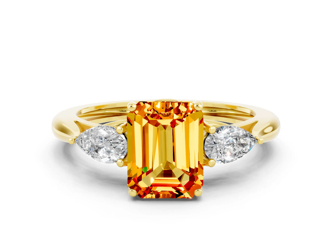 Yellow gold Three-Stone Emerald Cut Citrine Ring with Pear  Side Stones in Four-Prong Setting_12