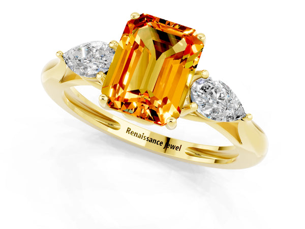 Yellow gold Three-Stone Emerald Cut Citrine Ring with Pear  Side Stones in Four-Prong Setting