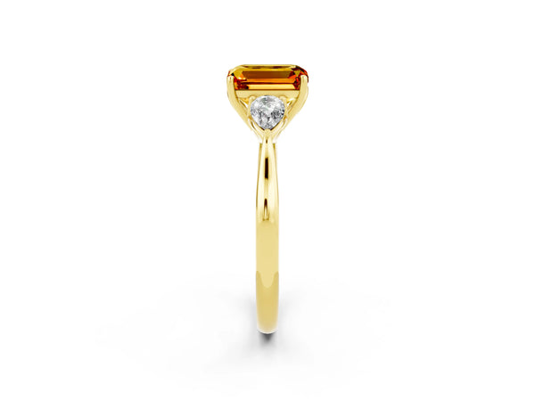 Yellow gold Three-Stone Emerald Cut Citrine Ring with Pear  Side Stones in Four-Prong Setting
