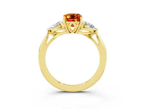 Yellow gold Three-Stone Emerald Cut Citrine Ring with Pear  Side Stones in Four-Prong Setting