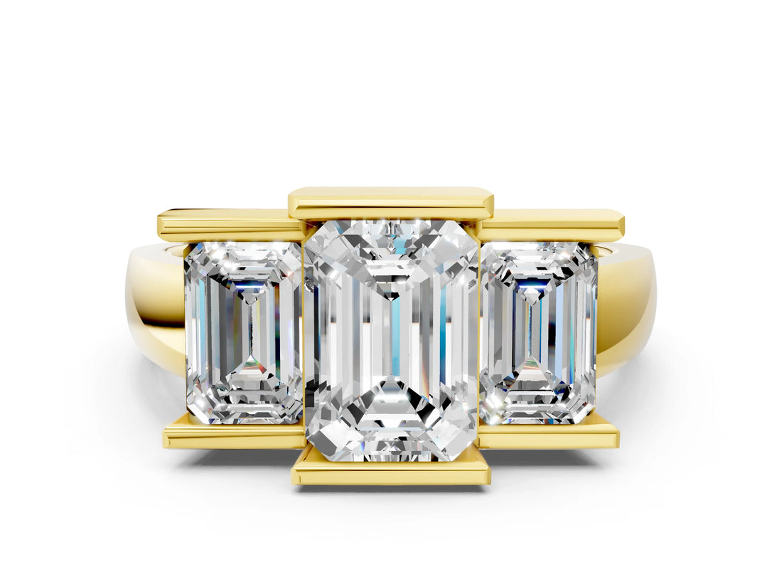 Yellow gold Three Stone Emerald Cut Cut Channel Set Diamond Ring_3