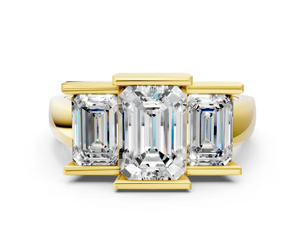 Yellow Gold Emerald Cut Channel Set Three Stone Engagement Ring Setting with Wide Flat Band