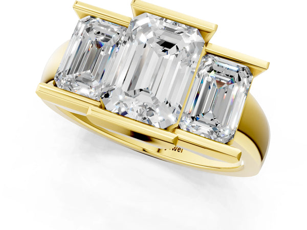 Yellow Gold Emerald Cut Channel Set Three Stone Engagement Ring Setting with Wide Flat Band