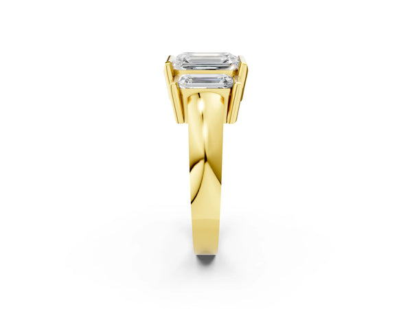 Yellow Gold Emerald Cut Channel Set Three Stone Engagement Ring Setting with Wide Flat Band