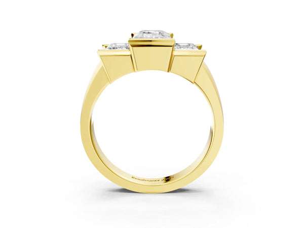 Yellow Gold Emerald Cut Channel Set Three Stone Engagement Ring Setting with Wide Flat Band