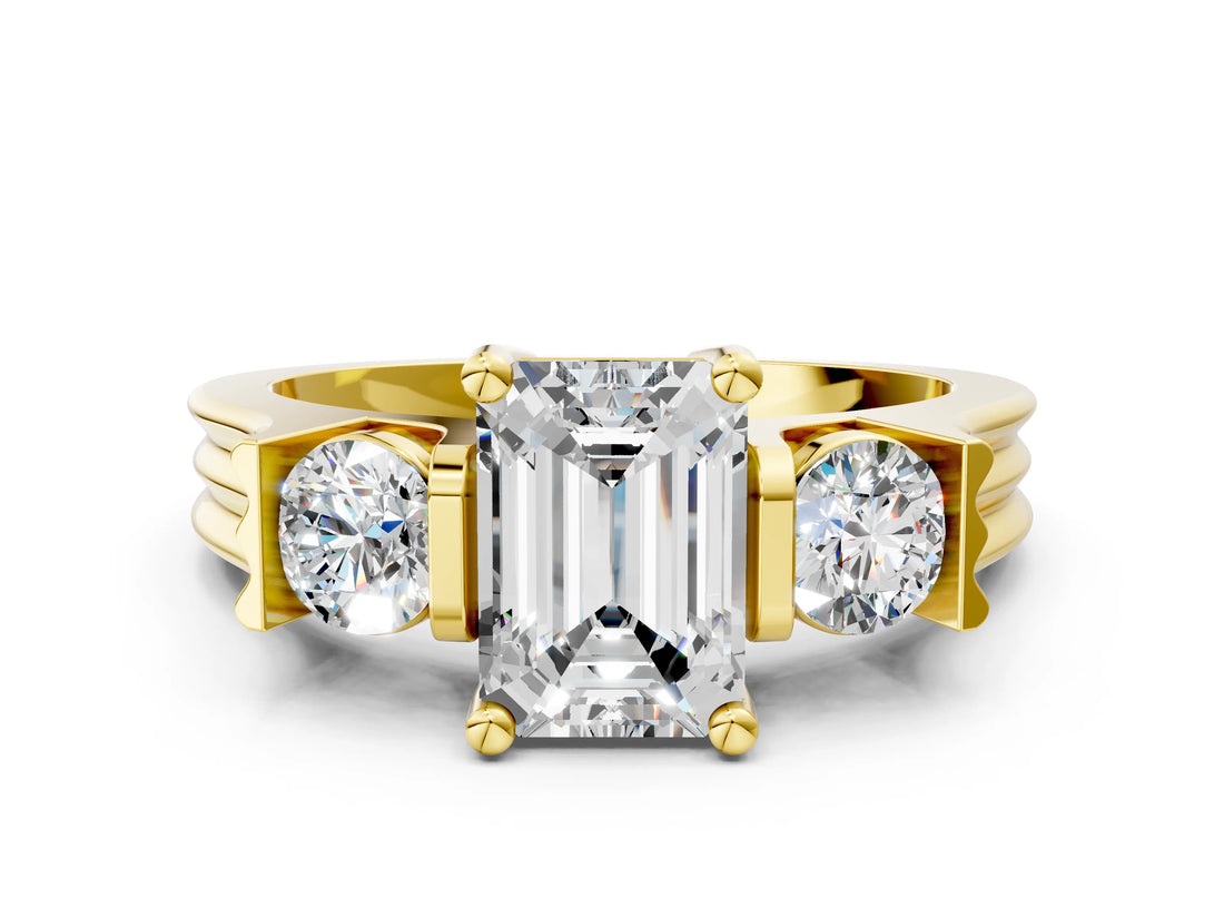 Yellow gold Three-Stone Emerald Cut Cut Classic Band Prong Setting Ring_3