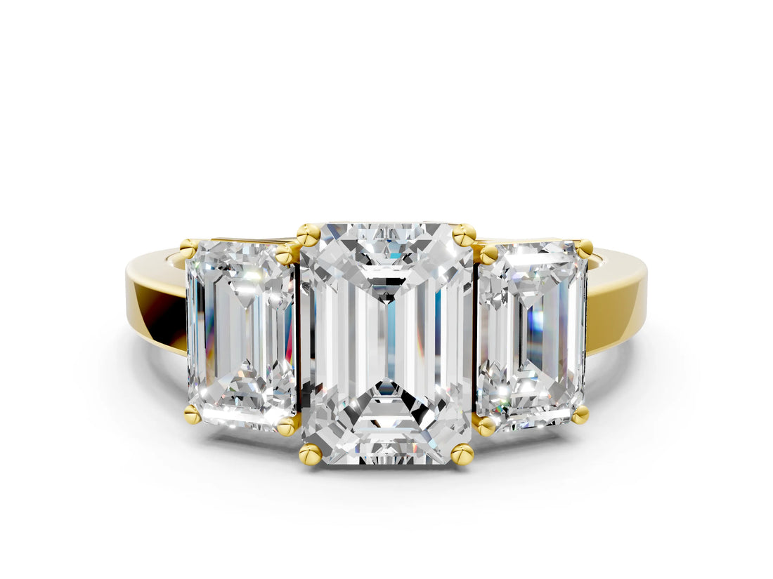 Yellow gold Three-Stone Emerald Cut Cut Diamond Engagement Ring with Flat Band and Four-Prong Setting_8