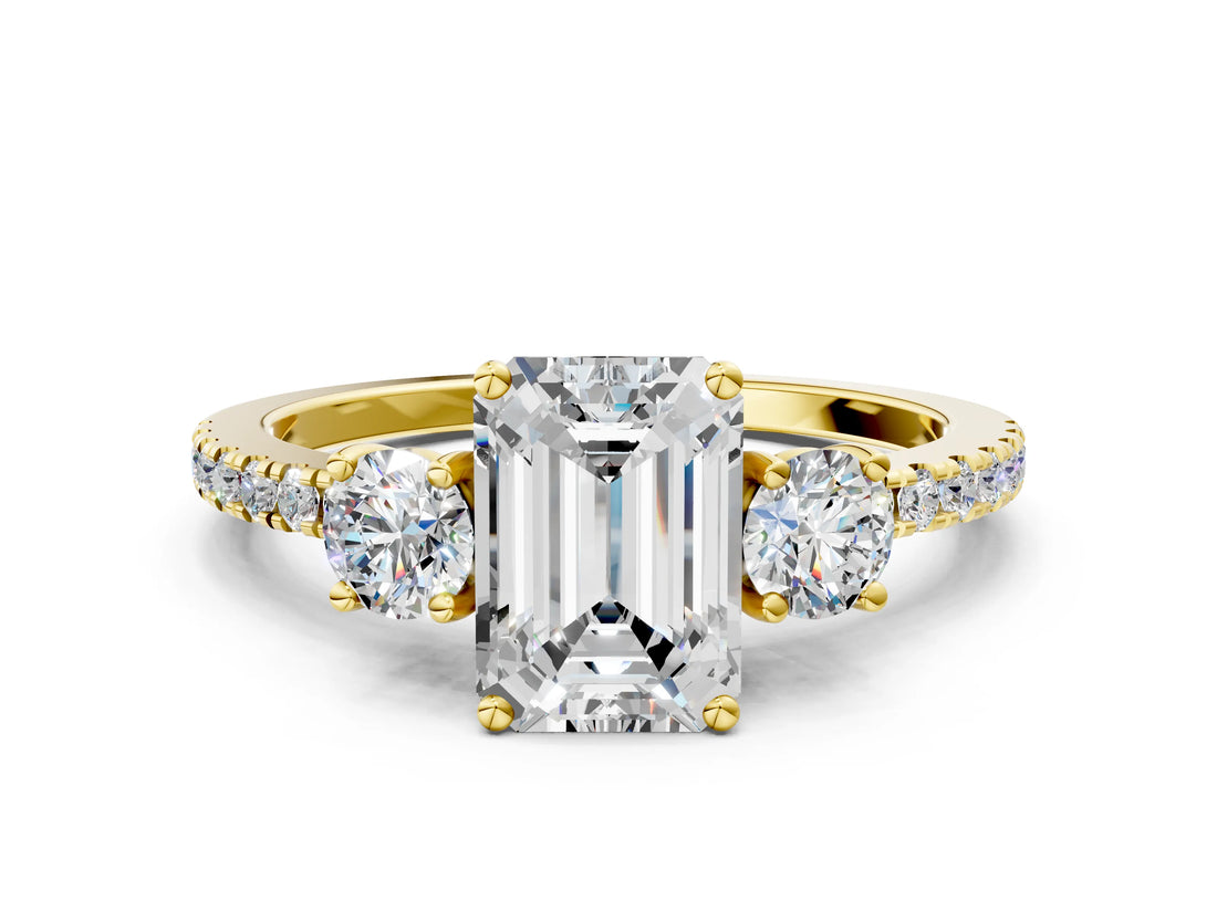 Yellow gold Three-Stone Emerald Cut Cut Diamond Pavé Band with Prong Setting_15