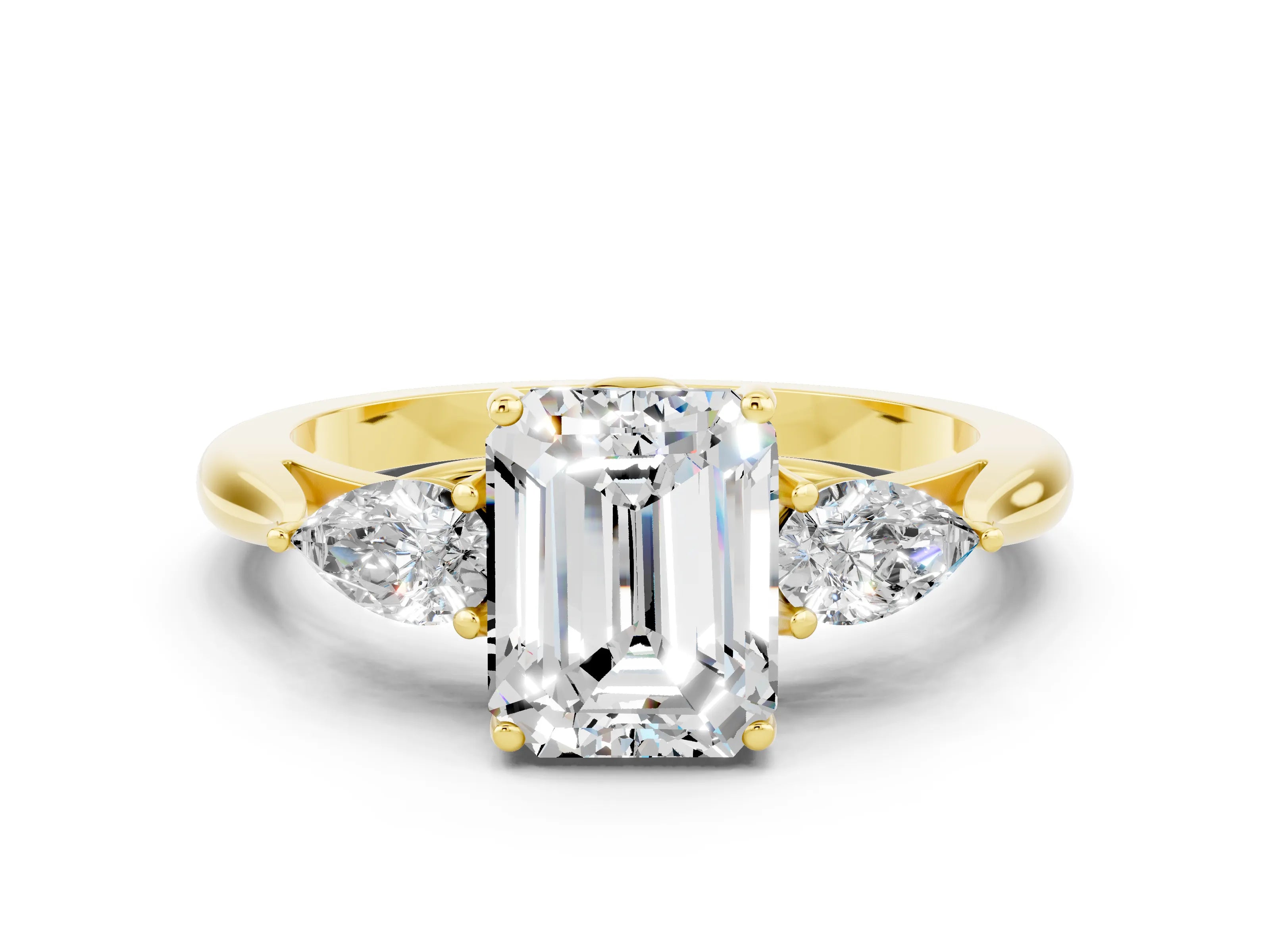 Yellow gold Three-Stone Emerald Cut Cut Diamond Ring with Pear Side Stones in Four-Prong Setting