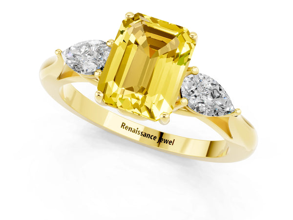Yellow gold Three-Stone Emerald Cut Yellow Sapphire Ring with Pear  Side Stones in Four-Prong Setting