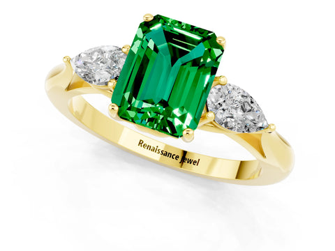 Yellow gold Three-Stone Emerald Cut Cut Diamond Ring with Pear Side Stones in Four-Prong Setting_1