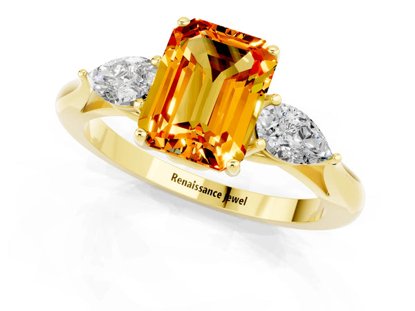 Yellow gold Three-Stone Emerald Cut Citrine Ring with Pear  Side Stones in Four-Prong Setting