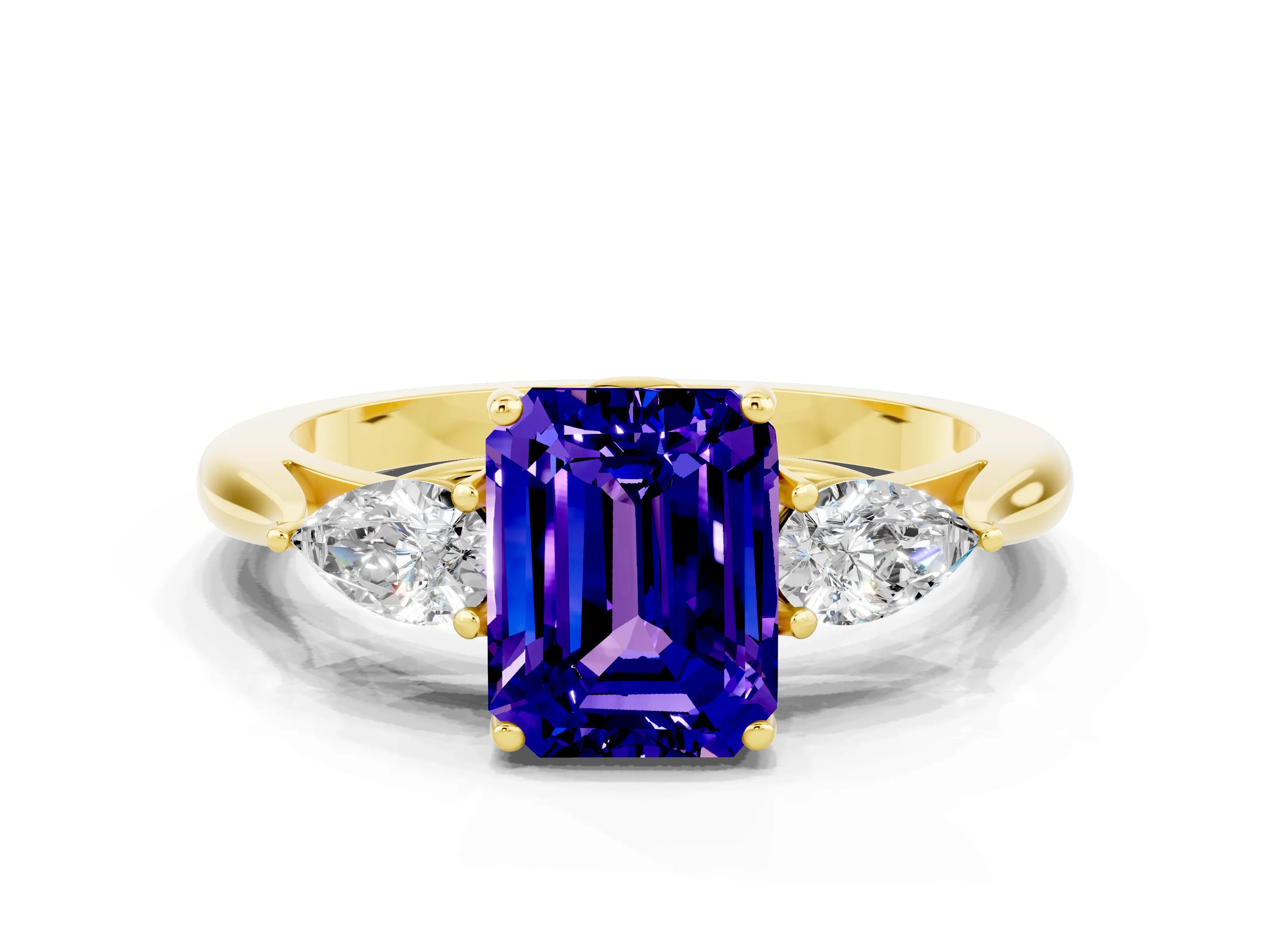 Yellow gold Three-Stone Emerald Cut Cut Diamond Ring with Pear Side Stones in Four-Prong Setting