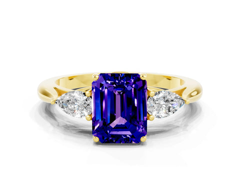 Yellow gold Three-Stone Emerald Cut Cut Diamond Ring with Pear Side Stones in Four-Prong Setting