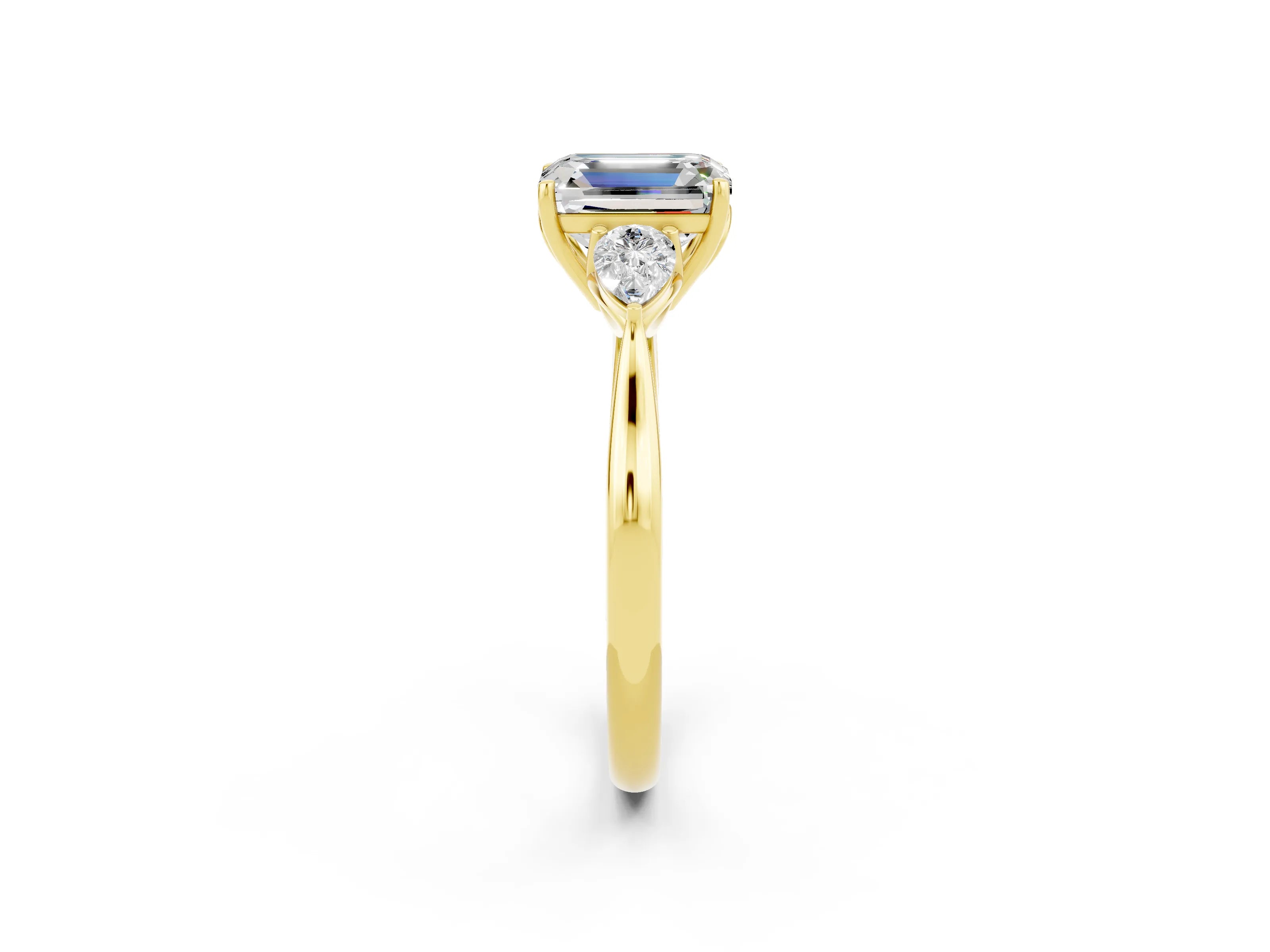 Yellow gold Three-Stone Emerald Cut Cut Diamond Ring with Pear Side Stones in Four-Prong Setting_2