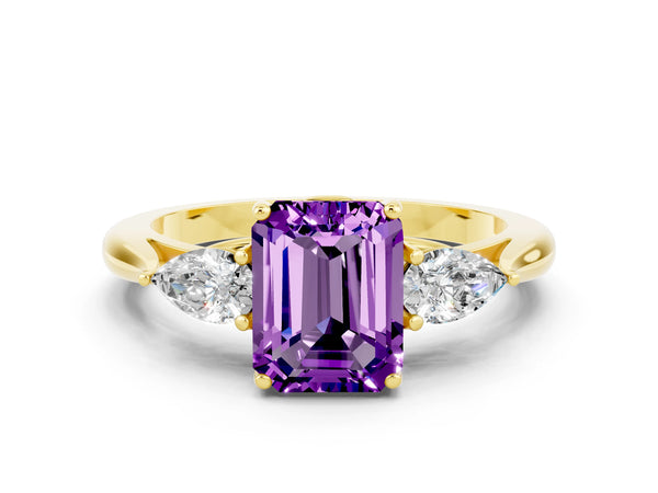 Yellow gold Three-Stone Emerald Cut Amethyst Ring with Pear  Side Stones in Four-Prong Setting