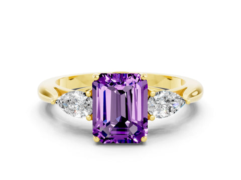 Yellow gold Three-Stone Emerald Cut Cut Diamond Ring with Pear Side Stones in Four-Prong Setting