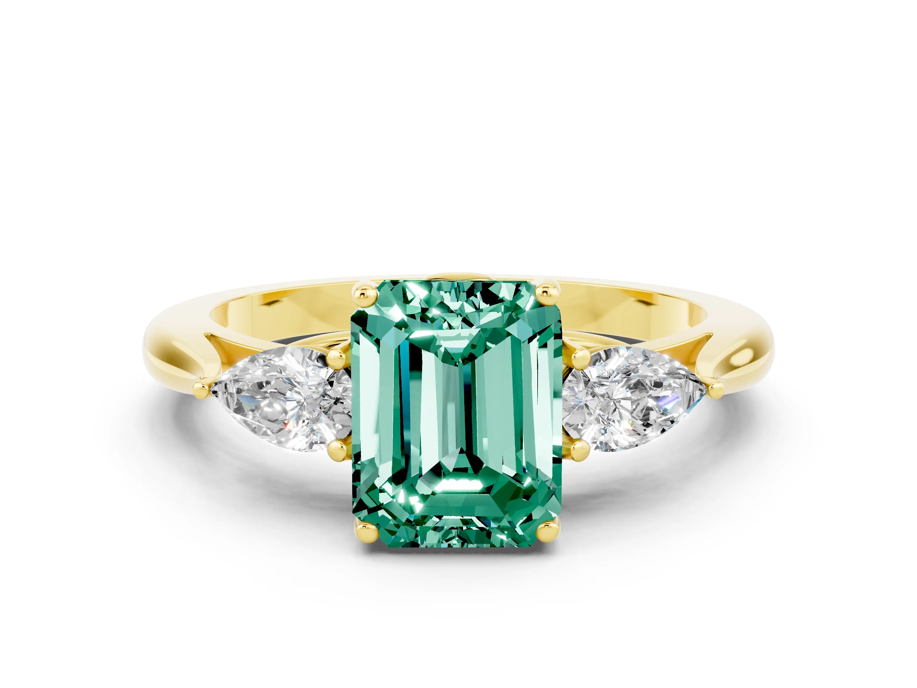 Yellow gold Three-Stone Emerald Cut Cut Diamond Ring with Pear Side Stones in Four-Prong Setting