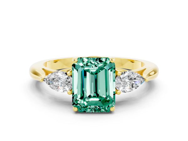 Yellow gold Three-Stone Emerald Cut Green Sapphire Ring with Pear  Side Stones in Four-Prong Setting