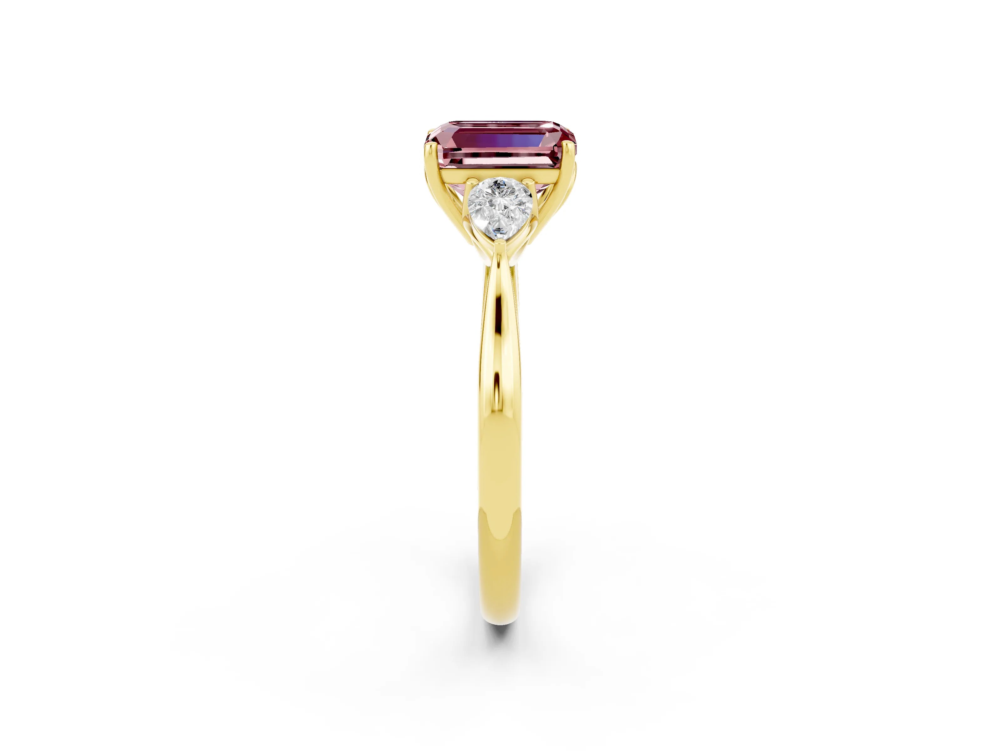 Yellow gold Three-Stone Emerald Cut Cut Diamond Ring with Pear Side Stones in Four-Prong Setting_2