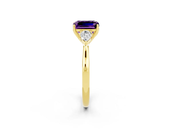 Yellow gold Three-Stone Emerald Cut Amethyst Ring with Pear  Side Stones in Four-Prong Setting