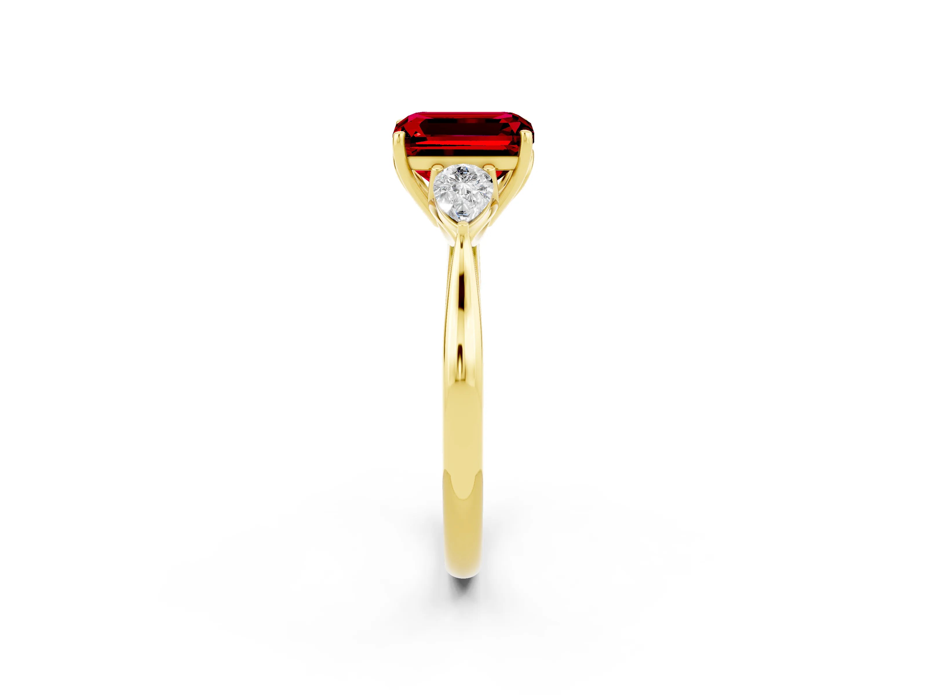 Yellow gold Three-Stone Emerald Cut Cut Diamond Ring with Pear Side Stones in Four-Prong Setting_2